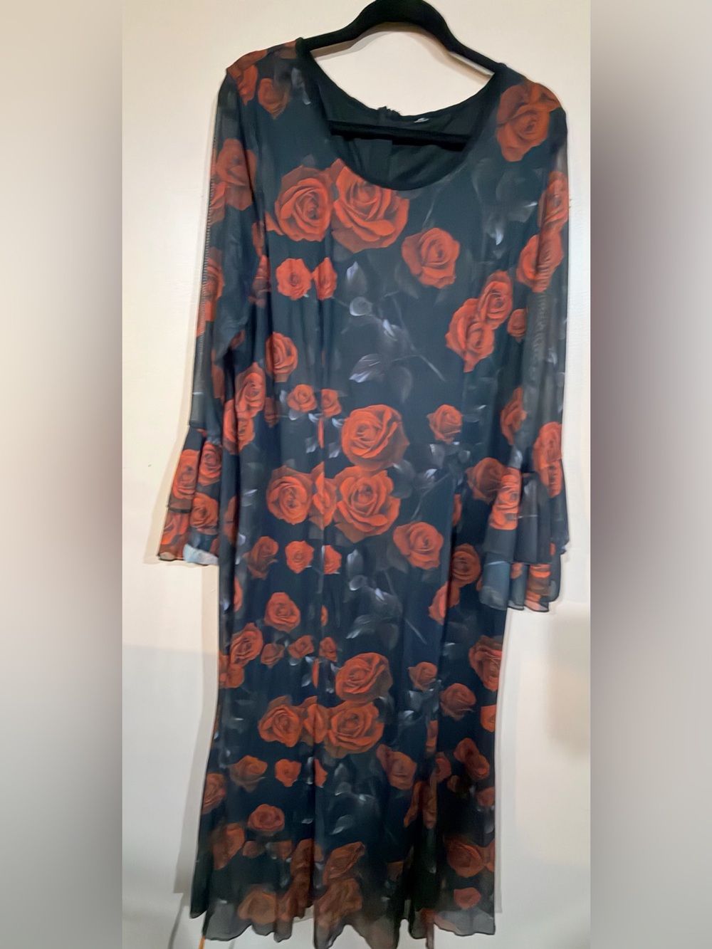 Black Chiffon Midi Dress with Red Rose Print